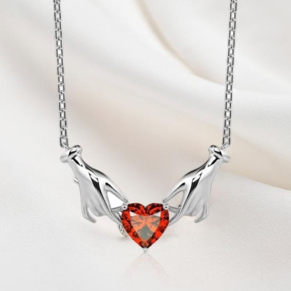 Moon Goddess Emporium Jewelry - 18K White Gold (Rhodium) Claddagh Inspired Hands Holding Gemstone Heart Necklace